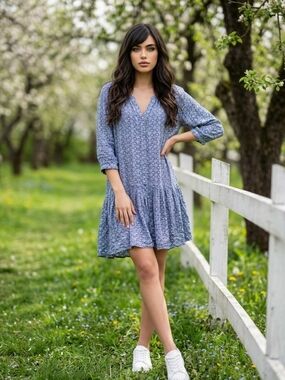 Blue Floral V-Neck Ruffled Dress With Cold Shoulder
